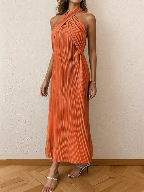 Orange pleated halter neck midi dress with tied detail and no stretch, made from 100% polyester.
