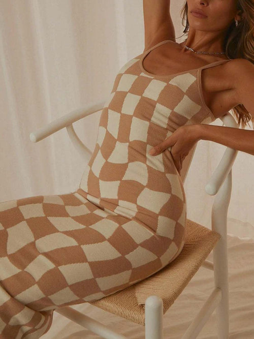 Spaghetti strap maxi sweater dress in checkered pattern, cozy knit, perfect for fall and winter wardrobe.