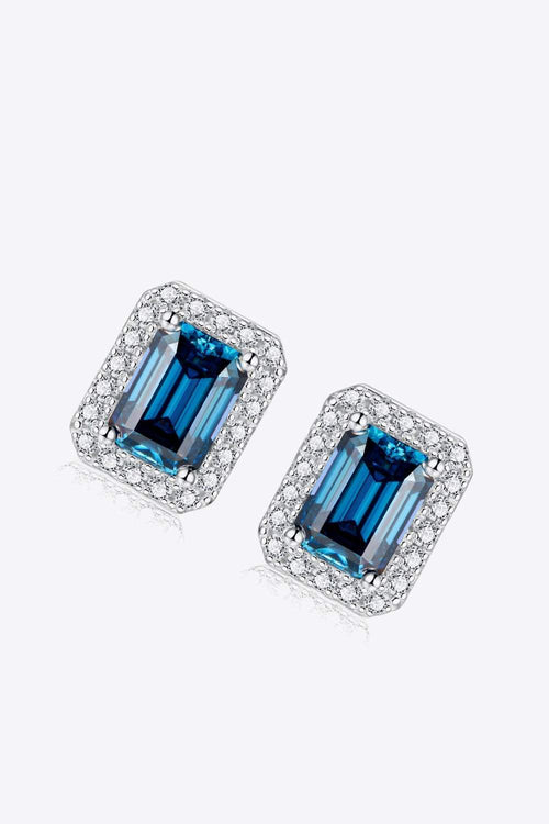2 carat indigo moissanite stud earrings in geometric platinum-plated sterling silver setting