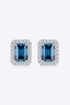 2 carat indigo moissanite stud earrings in geometric sterling silver with platinum plating
