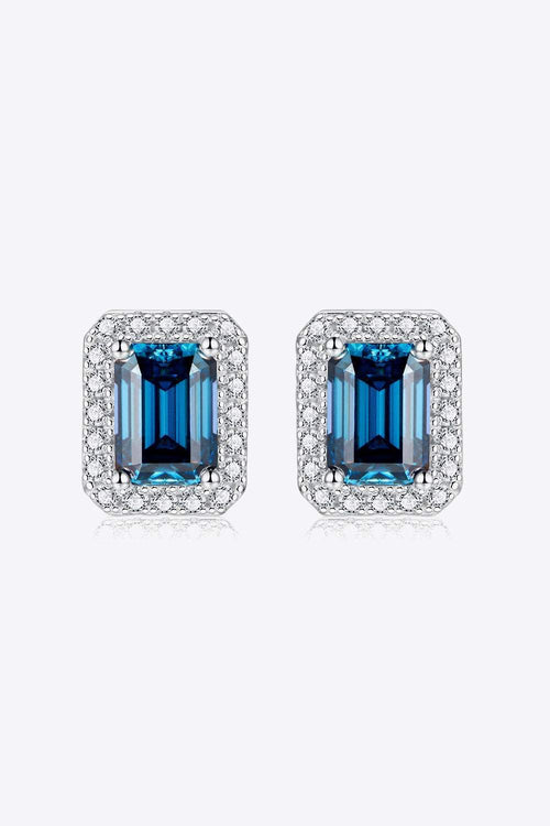 2 carat indigo moissanite stud earrings in geometric sterling silver with platinum plating
