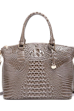 Brown PU leather handbag with crocodile texture and double handles for modern women