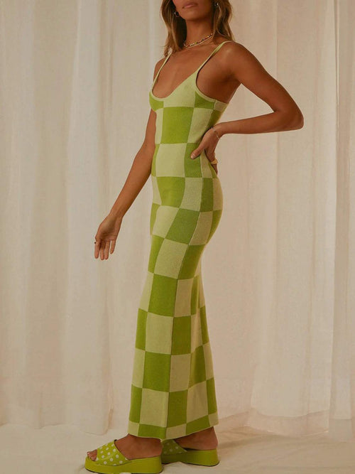 Spaghetti Strap Maxi Sweater Dress in green checkered pattern, featuring flowing silhouette and delicate straps.