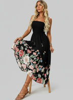Floral printed tube midi dress with black top and colorful skirt, beach setting in background.