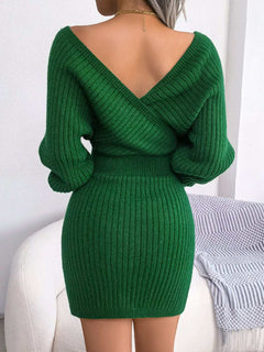 Green rib-knit dolman sleeve sweater dress with surplice neckline and A-line mini hem.