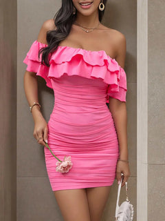 Pink off-shoulder ruffle bodycon dress with layered ruched detail and stretchy fabric