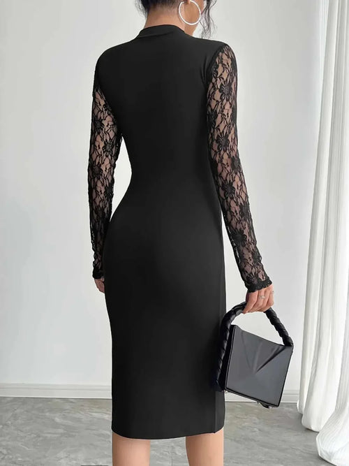Lace Mock Neck Slit Dress