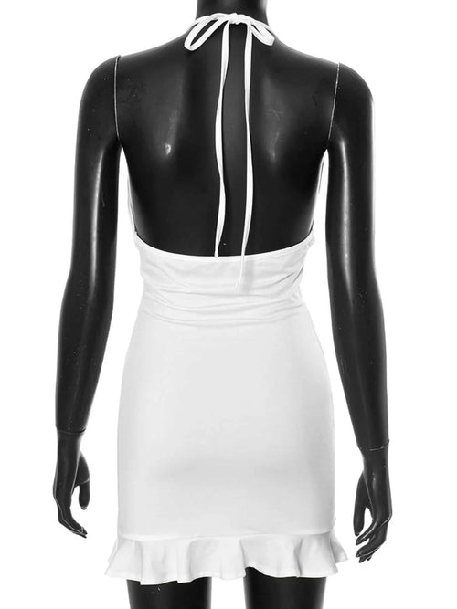 Ruffled hem halter neck mini dress, backless design, white polyester.