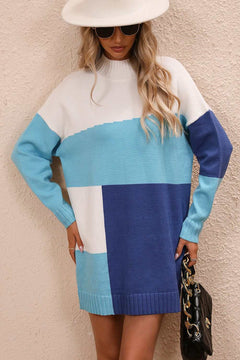 Color block mock neck mini sweater dress with dropped shoulders and ribbed detailing in blue, white, and navy colors