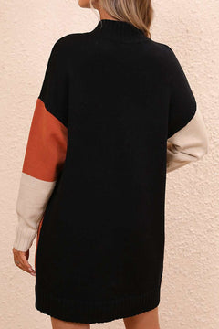 Color block mock neck sweater dress with dropped shoulder long sleeves in black, rust, and beige colors.