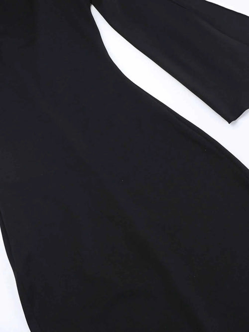 Black asymmetrical tied sleeveless maxi dress made of 100% polyester with no stretch and unlined body.