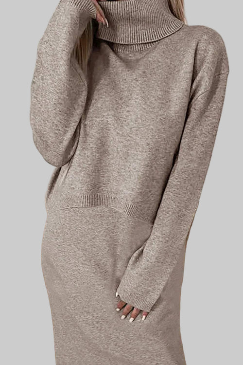 Turtleneck dropped shoulder brown knit sweater and dress set with moderate stretch, long sleeves, and ribbed cuffs.