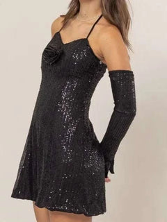 HYFVE Sequin Rosette Halter Mini Dress with sparkle and rosette detailing.