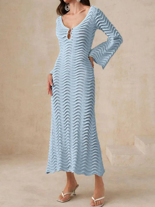 Wave openwork crochet maxi knit dress in light blue with cutout and tie details.
