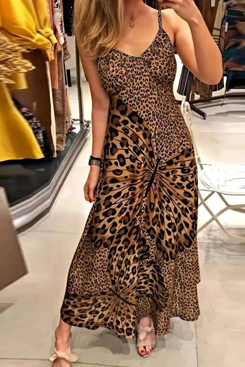 Butterfly Leopard Maxi cami dress with leopard and butterfly print, slight stretch, sleeveless, lightweight polyester fabric