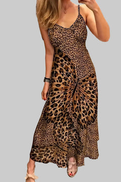 Butterfly Leopard Maxi cami dress with leopard and butterfly print, slight stretch, sleeveless, lightweight polyester fabric