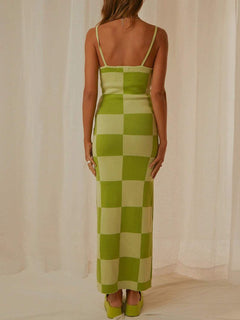 Spaghetti Strap Maxi Sweater Dress in green checkered pattern, back view.