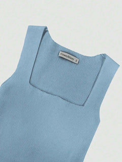Light blue ribbed knit bodycon dress with square neckline and sleeveless design
