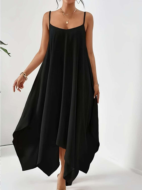 Black scoop neck midi cami dress with spaghetti straps and flowing asymmetrical hem