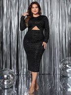 Plus Size Long Sleeve Honey Cutout Slit Round Neck Chic Dress