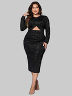 Plus Size Long Sleeve Honey Cutout Slit Round Neck Chic Dress