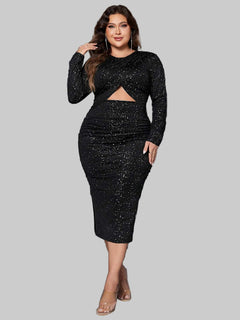 Plus Size Long Sleeve Honey Cutout Slit Round Neck Chic Dress