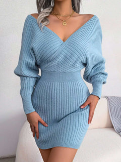 Women’s light blue rib-knit dolman sleeve mini sweater dress with surplice neckline and A-line hem