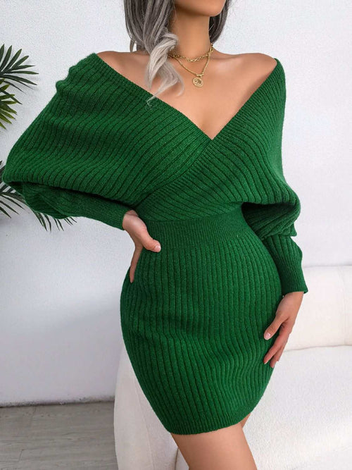 Green rib-knit dolman sleeve sweater dress with surplice neckline and long sleeves in casual A-line mini style