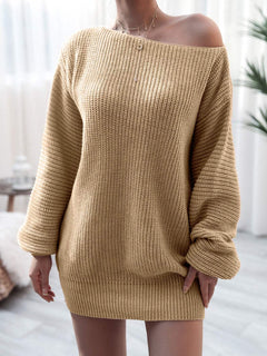 Beige rib-knit mini sweater dress with off-shoulder design and long sleeves, slightly stretchy acrylic fabric.