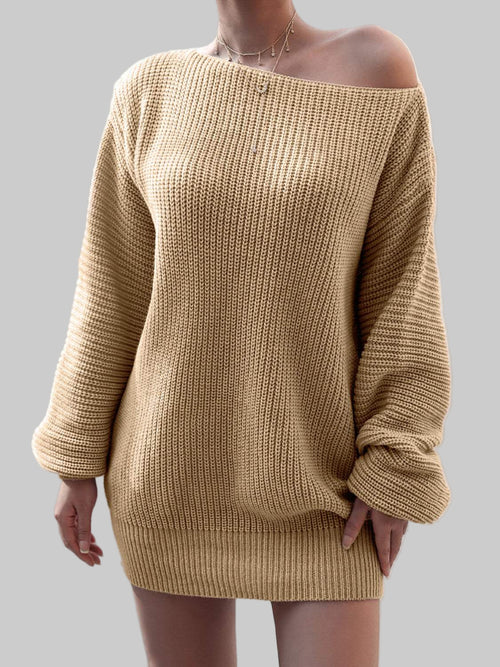 Beige rib-knit mini sweater dress with off-shoulder design and long sleeves, slightly stretchy acrylic fabric.