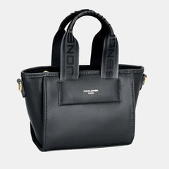 David Jones Small Handbag with Embossed Pattern Handles, black PU leather, stylish and elegant design.