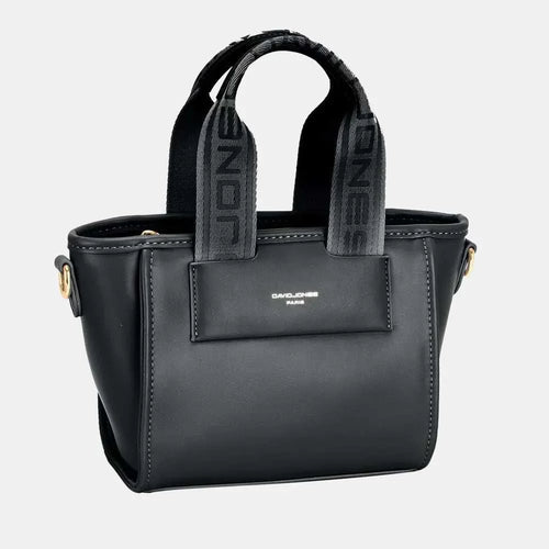 David Jones Small Handbag with Embossed Pattern Handles, black PU leather, stylish and elegant design.