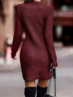 Full size ribbed knit bodycon sweater dress in burgundy with long sleeves and moderate stretch, plus size.
