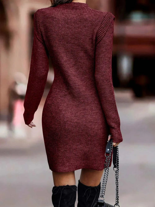 Full size ribbed knit bodycon sweater dress in burgundy with long sleeves and moderate stretch, plus size.