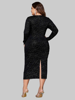 Plus Size Long Sleeve Honey Cutout Slit Round Neck Chic Dress