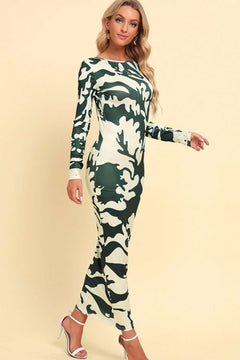 Printed backless long sleeve maxi dress with camouflage pattern and round neck.