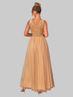 Sequin V-Neck Sleeveless Dress, slightly stretchy and lined, in a luxurious setting.