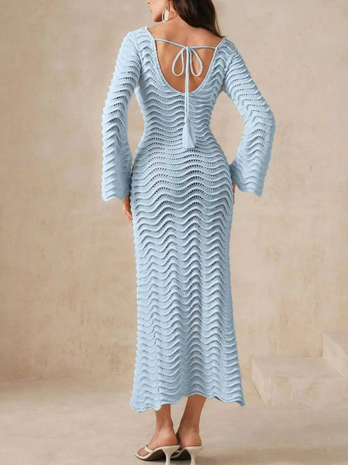 Wave openwork crochet maxi knit dress with cutout and tie features.