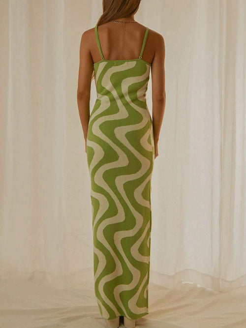 Spaghetti Strap Maxi Sweater Dress in green and white pattern, cozy knit material.