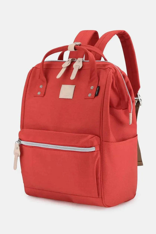 Himawari Waterproof Design backpack with arcuate shoulder straps and handles, shown in red, featuring multiple compartments and ergonomic design.