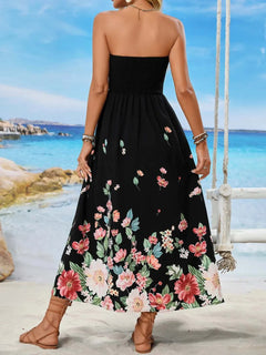 Printed tube midi dress with floral pattern, featuring a basic style and polyester material.