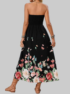 Printed tube midi dress with floral pattern, featuring a basic style and polyester material.