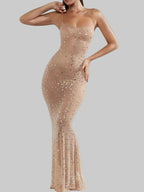 Nude rhinestone spaghetti strap maxi dress with slight stretch and fitted silhouette