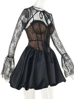 Sweetheart neck lace two-piece dress with sheer lace sleeves and flared satin skirt in black