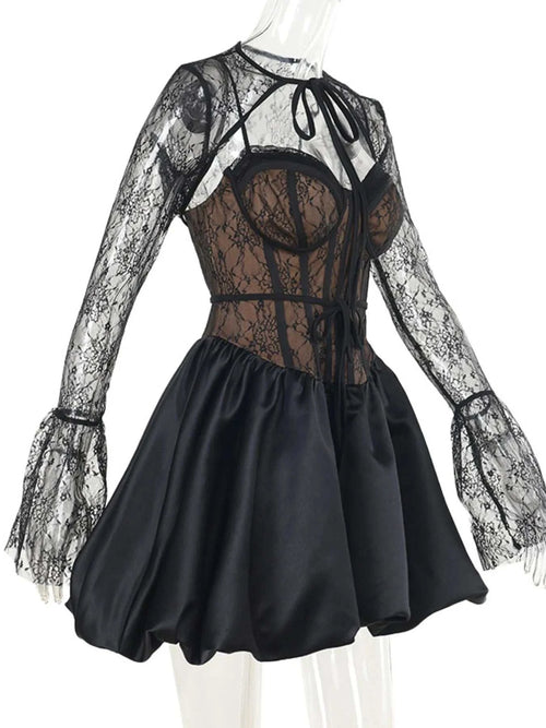 Sweetheart neck lace two-piece dress with sheer lace sleeves and flared satin skirt in black