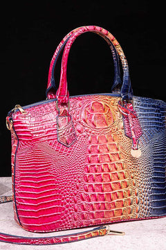 Gradient PU leather handbag with crocodile texture in red, orange, and blue tones, medium size with handles and detachable strap for chic style.