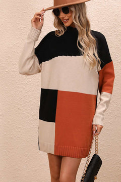 casual color block mock neck sweater dress with dropped shoulders and long sleeves in black, beige, and rust tones