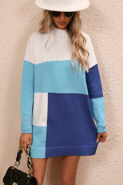 Color block mock neck sweater dress with dropped shoulders and long sleeves in blue and white tones