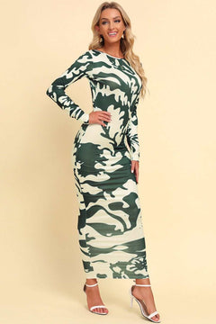 Printed Backless Long Sleeve Maxi Dress with Camouflage Pattern