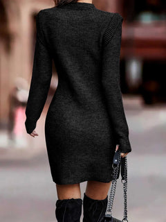 Full size ribbed knit black bodycon sweater dress in plus size with long sleeves and moderate stretch polyester blend material